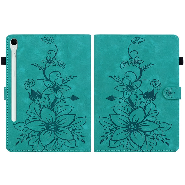 For Samsung Galaxy Tab S9 / S9 FE Lily Embossed Leather Tablet Case(Green) by bashfashion