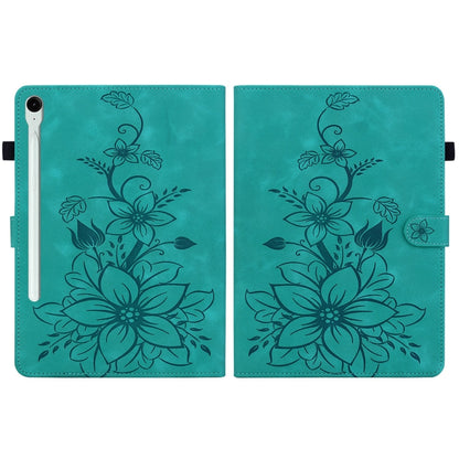 For Samsung Galaxy Tab S9 / S9 FE Lily Embossed Leather Tablet Case(Green) by bashfashion