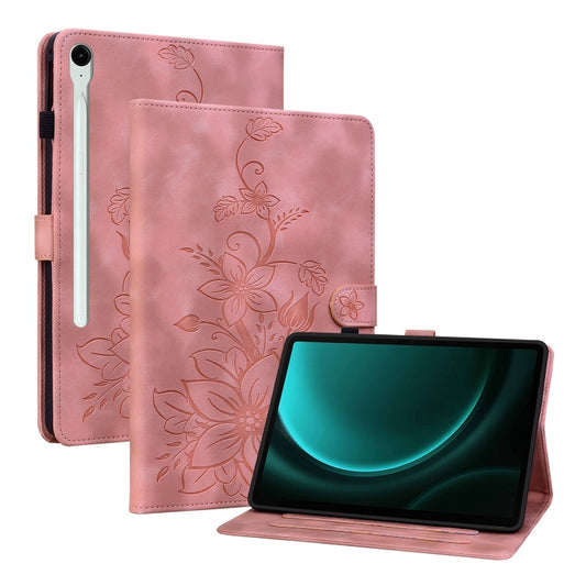For Samsung Galaxy Tab S9 / S9 FE Lily Embossed Leather Tablet Case(Pink) by bashfashion