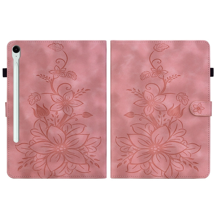 For Samsung Galaxy Tab S9 / S9 FE Lily Embossed Leather Tablet Case(Pink) by bashfashion