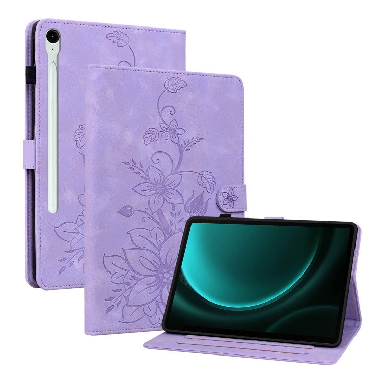 For Samsung Galaxy Tab S9 / S9 FE Lily Embossed Leather Tablet Case(Purple) by bashfashion