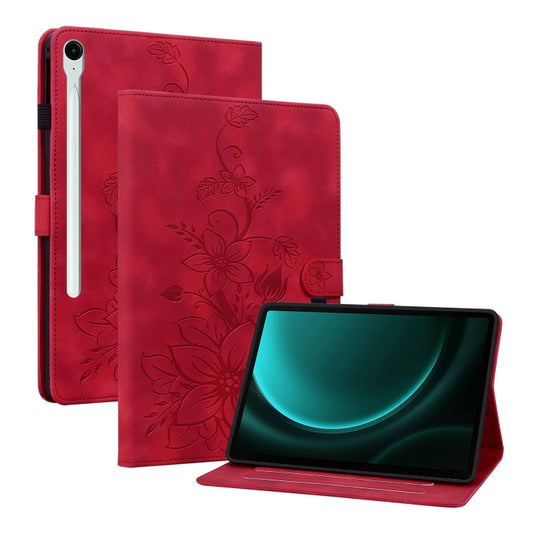 For Samsung Galaxy Tab S9 / S9 FE Lily Embossed Leather Tablet Case(Red) by bashfashion