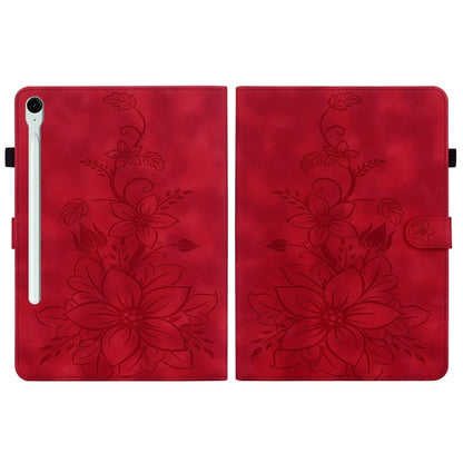 For Samsung Galaxy Tab S9 / S9 FE Lily Embossed Leather Tablet Case(Red) by bashfashion