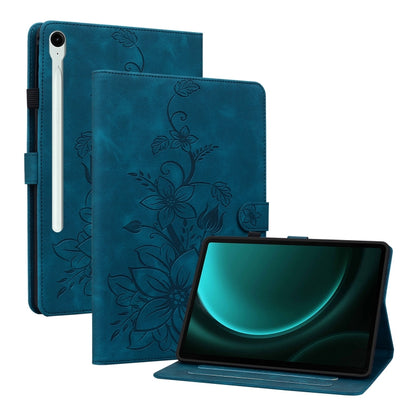 For Samsung Galaxy Tab S9 / S9 FE Lily Embossed Leather Tablet Case(Dark Blue) by bashfashion