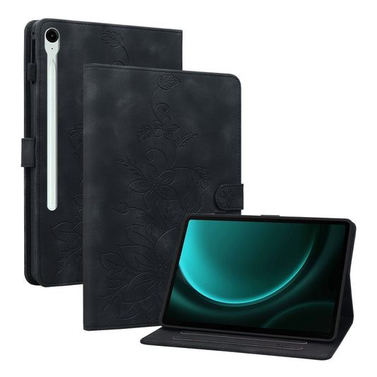 For Samsung Galaxy Tab S9 / S9 FE Lily Embossed Leather Tablet Case(Black) by bashfashion