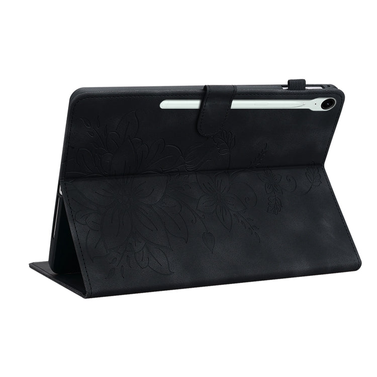 For Samsung Galaxy Tab S9 / S9 FE Lily Embossed Leather Tablet Case(Black) by bashfashion