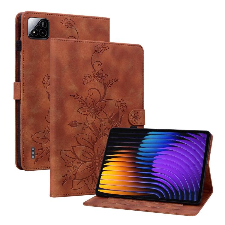 For Xiaomi Pad 7 / Pad 7 Pro Lily Embossed Leather Tablet Case(Brown) by bashfashion