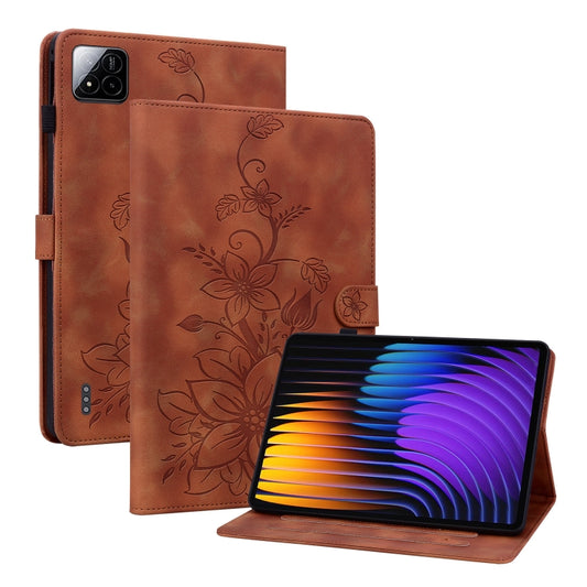 For Xiaomi Pad 7 / Pad 7 Pro Lily Embossed Leather Tablet Case(Brown) by bashfashion
