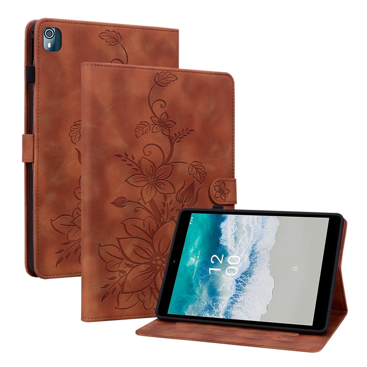 For Nokia T21 Lily Embossed Leather Tablet Case(Brown) by bashfashion