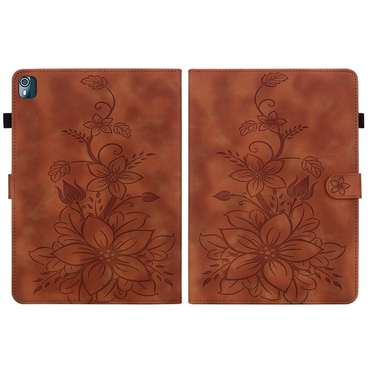 For Nokia T21 Lily Embossed Leather Tablet Case(Brown) by bashfashion