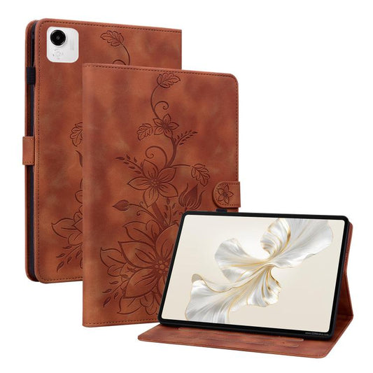 For Honor Pad X9a Lily Embossed Leather Tablet Case(Brown) by bashfashion