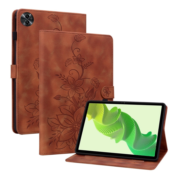 For Realme Pad 2 11.5 Lily Embossed Leather Tablet Case(Brown) by bashfashion