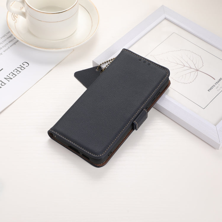 For iPhone 16e Side-Magnetic TJ Genuine Leather RFID Phone Case(Blue) by bashfashion