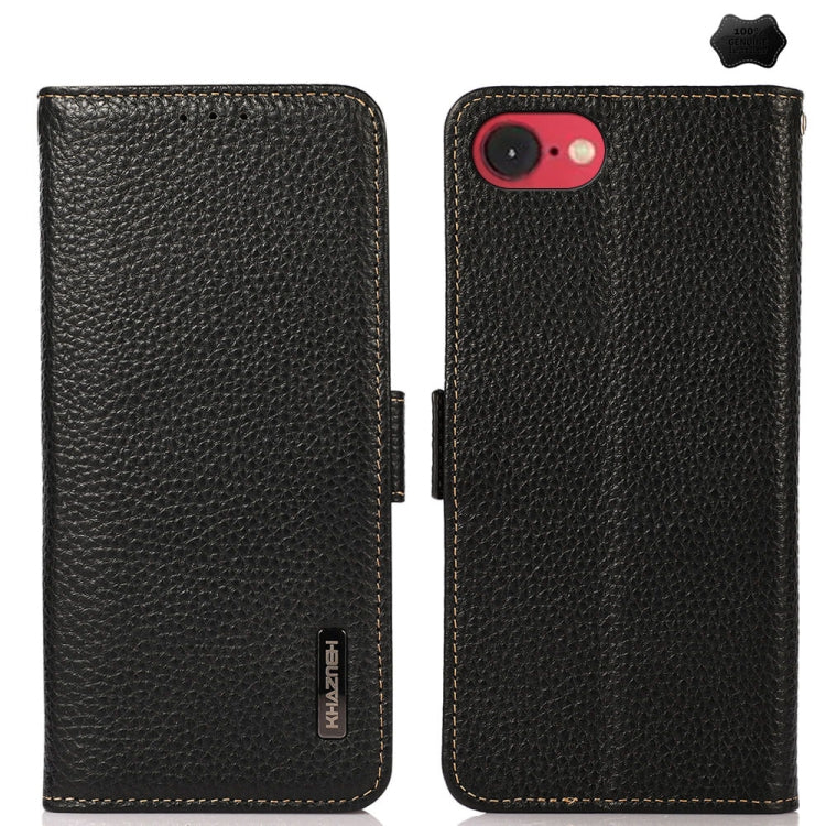 For iPhone 16e KHAZNEH Side-Magnetic Litchi Genuine Leather RFID Case(Black) by bashfashion