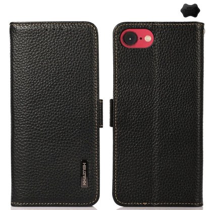 For iPhone 16e KHAZNEH Side-Magnetic Litchi Genuine Leather RFID Case(Black) by bashfashion