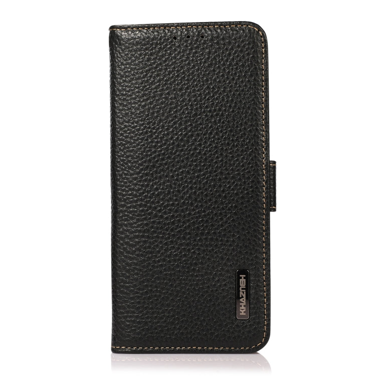 For iPhone 16e KHAZNEH Side-Magnetic Litchi Genuine Leather RFID Case(Black) by bashfashion