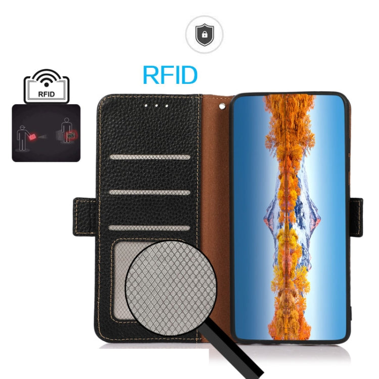 For iPhone 16e KHAZNEH Side-Magnetic Litchi Genuine Leather RFID Case(Black) by bashfashion