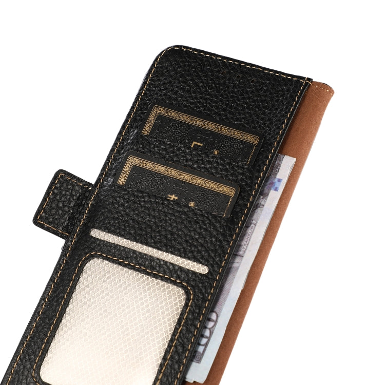 For iPhone 16e KHAZNEH Side-Magnetic Litchi Genuine Leather RFID Case(Black) by bashfashion