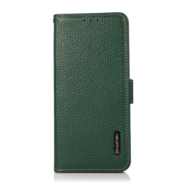 For iPhone 16e KHAZNEH Side-Magnetic Litchi Genuine Leather RFID Case(Green) by bashfashion