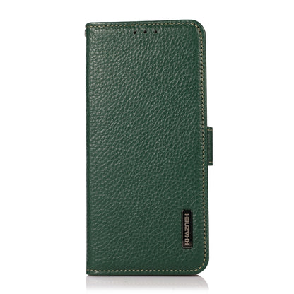 For iPhone 16e KHAZNEH Side-Magnetic Litchi Genuine Leather RFID Case(Green) by bashfashion