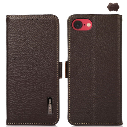 For iPhone 16e KHAZNEH Side-Magnetic Litchi Genuine Leather RFID Case(Brown) by bashfashion