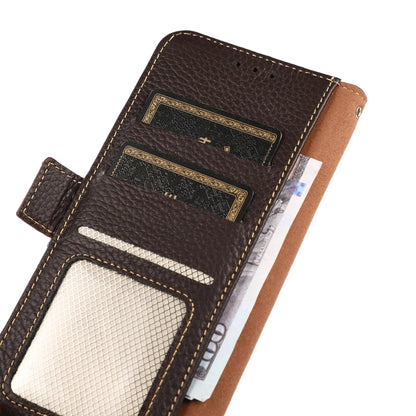For iPhone 16e KHAZNEH Side-Magnetic Litchi Genuine Leather RFID Case(Brown) by bashfashion