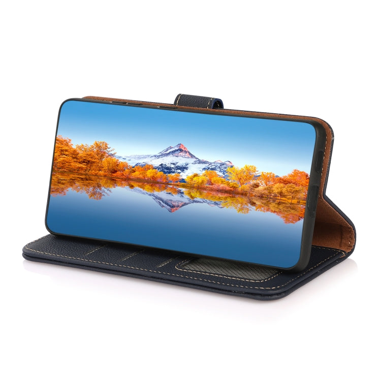 For iPhone 16e KHAZNEH Custer Genuine Leather RFID Phone Case(Blue) by bashfashion