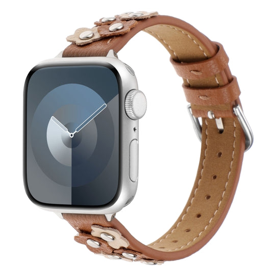 For Apple Watch SE 2023 44mm Stitched Flower Leather Watch Band(Brown) by bashfashion