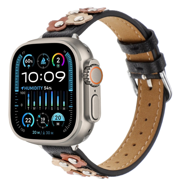 For Apple Watch Ultra 2 49mm Stitched Flower Leather Watch Band(Black) by bashfashion