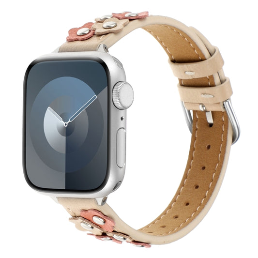 For Apple Watch Series 9 41mm Stitched Flower Leather Watch Band(Khaki) by bashfashion
