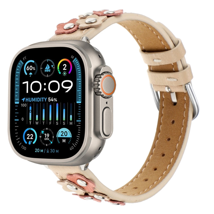 For Apple Watch Ultra 49mm Stitched Flower Leather Watch Band(Khaki) by bashfashion