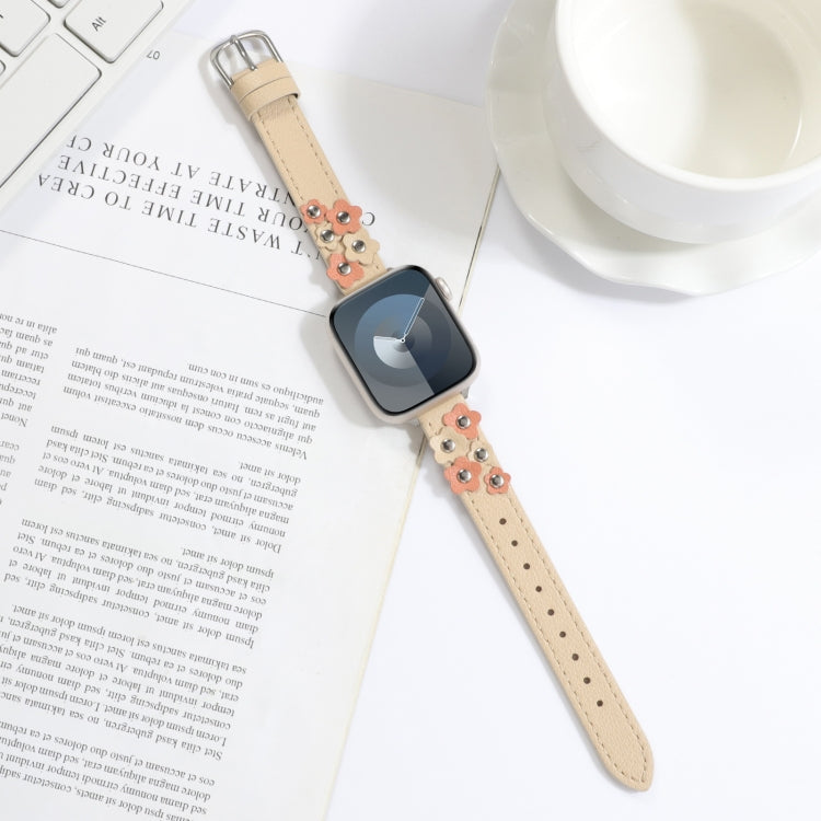 For Apple Watch Ultra 49mm Stitched Flower Leather Watch Band(Khaki) by bashfashion