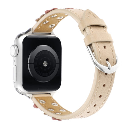For Apple Watch Ultra 49mm Stitched Flower Leather Watch Band(Khaki) by bashfashion