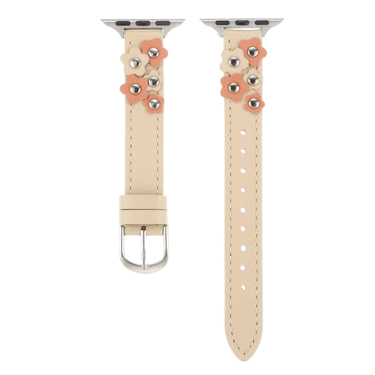 For Apple Watch SE 40mm Stitched Flower Leather Watch Band(Khaki) by bashfashion