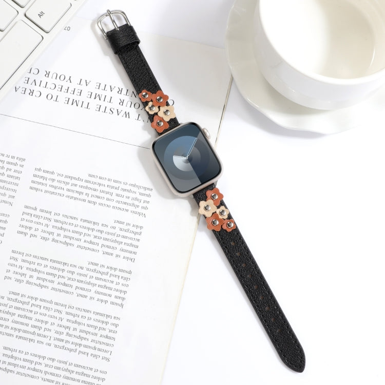 For Apple Watch 42mm Stitched Flower Leather Watch Band(Black) by bashfashion