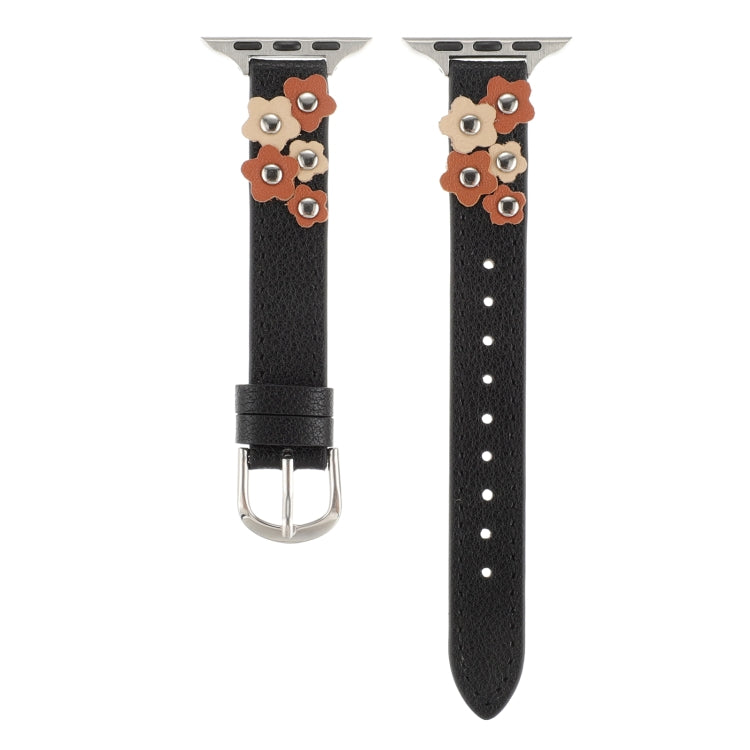 For Apple Watch 38mm Stitched Flower Leather Watch Band(Black) by bashfashion