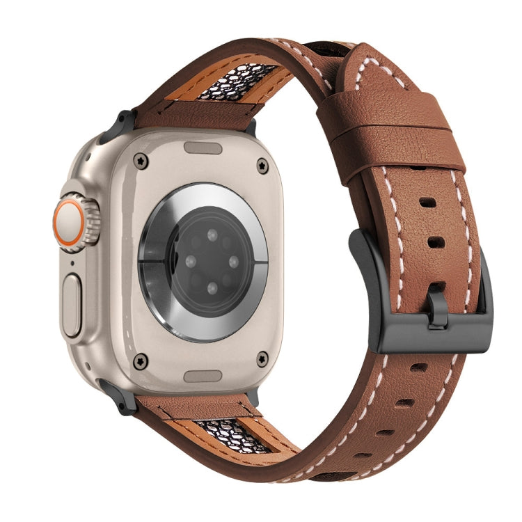 For Apple Watch Ultra 2 49mm Mesh Calfskin Genuine Leather Watch Band(Dark Brown) by bashfashion