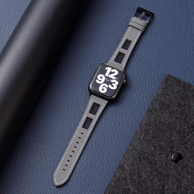 For Apple Watch Series 9 45mm Mesh Calfskin Genuine Leather Watch Band(Grey) by bashfashion