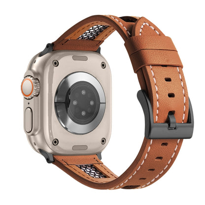 For Apple Watch Ultra 49mm Mesh Calfskin Genuine Leather Watch Band(Light Brown) by bashfashion