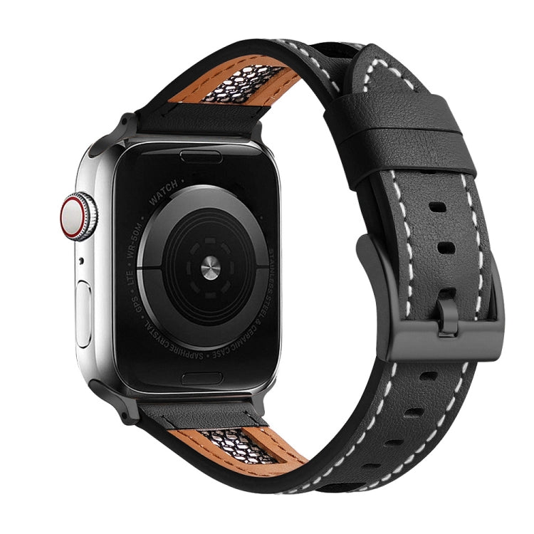 For Apple Watch Series 2 42mm Mesh Calfskin Genuine Leather Watch Band(Black) by bashfashion