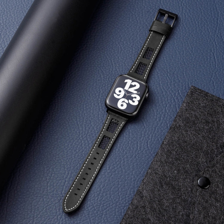 For Apple Watch Series 2 42mm Mesh Calfskin Genuine Leather Watch Band(Black) by bashfashion