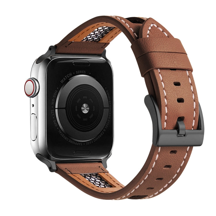 For Apple Watch 38mm Mesh Calfskin Genuine Leather Watch Band(Dark Brown) by bashfashion