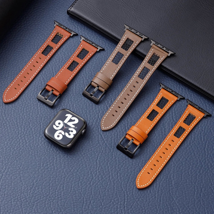 For Apple Watch Ultra 2 49mm Mesh Calfskin Genuine Leather Watch Band(Light Brown) by bashfashion