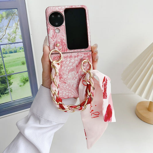 For OPPO Find N3 Flip Embroidery Style DIY Full Coverage Phone Case with Scarf / Bracelet(Pink) by bashfashion