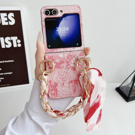 For Samsung Galaxy Z Flip5 Embroidery Style DIY Full Coverage Phone Case with Scarf / Bracelet(Pink) by bashfashion