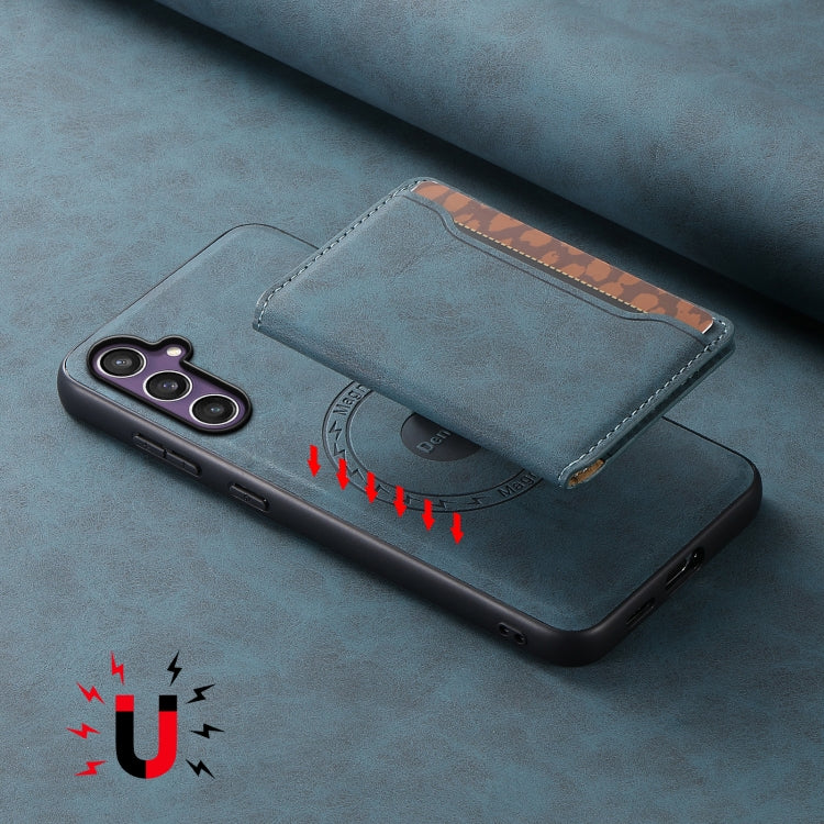 For Samsung Galaxy S23 FE 5G Denior D13 Retro Texture Leather MagSafe Card Bag Phone Case(Blue) by Denior