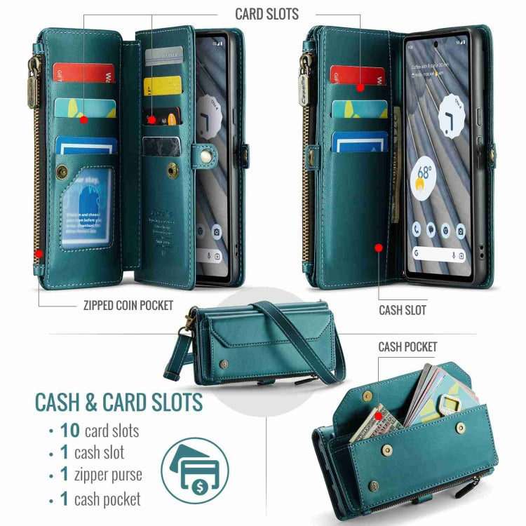 For Google Pixel 7a CaseMe C36 Card Slots Zipper Wallet RFID Anti-theft Leather Phone Case(Blue-green) by CaseMe