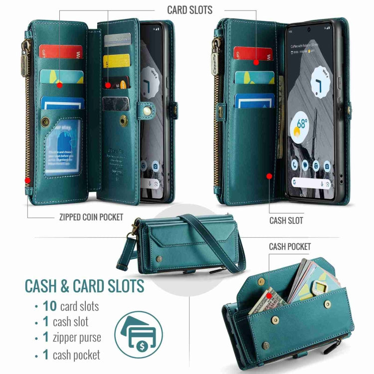 For Google Pixel 8 Pro CaseMe C36 Card Slots Zipper Wallet RFID Anti-theft Leather Phone Case(Blue-green) by CaseMe
