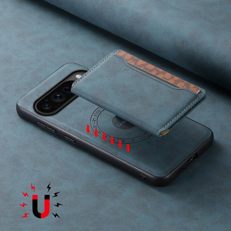 For Google Pixel 9 Pro Denior D13 Retro Texture Leather MagSafe Card Bag Phone Case(Blue) by Denior