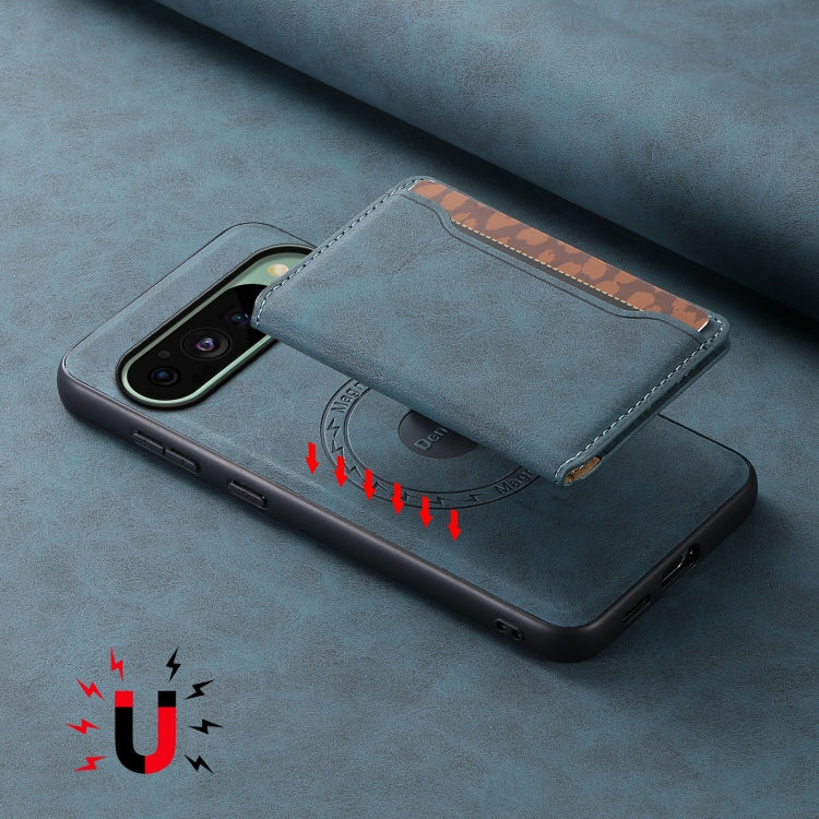 For Google Pixel 9 Denior D13 Retro Texture Leather MagSafe Card Bag Phone Case(Blue) by Denior